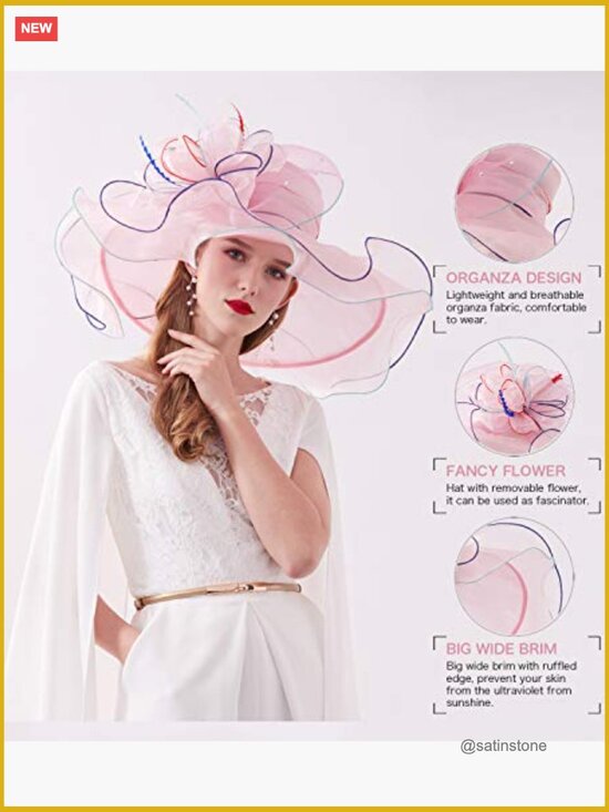 Removable Flower Organza Wide Brim Church Derby Hat Fascinator main image 4